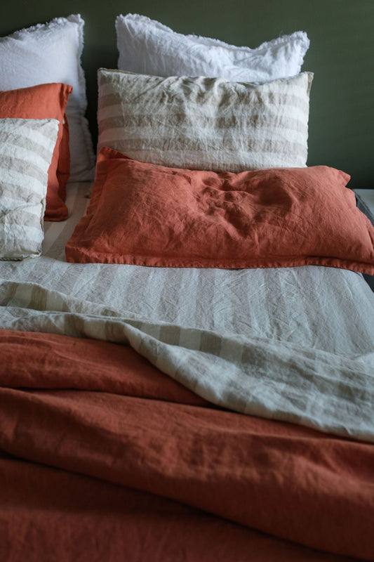 ENSEMBLE DE DRAPS EN LIN AVEC TAIES D'OREILLER - LARGES RAYURES NATURELLES