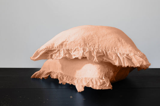 Paire de taies d'oreiller à volants en lin européen - Pêche