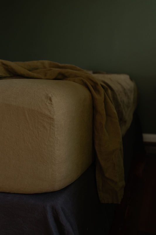 DRAP-HOUSSE EN LIN EUROPÉEN - OLIVE 