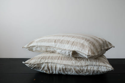 PAIRE DE TAIES D'OREILLER STANDARD EN LIN - LARGES RAYURES NATURELLES 