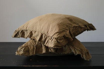 Paire de taies d'oreiller en lin européen à volants - Olive