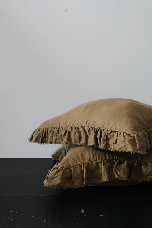 Paire de taies d'oreiller en lin européen à volants - Olive