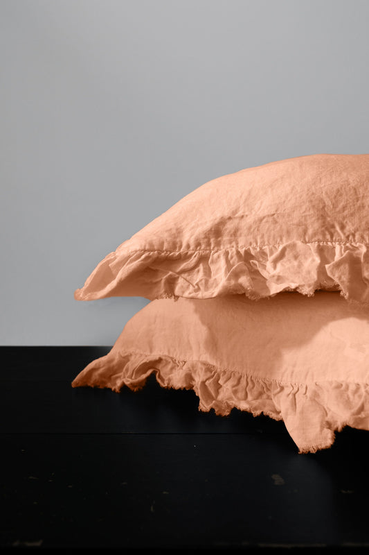 Paire de taies d'oreiller à volants en lin européen - Pêche