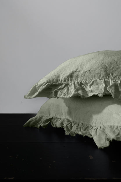 Paire de taies d'oreiller à volants en lin européen - Sauge