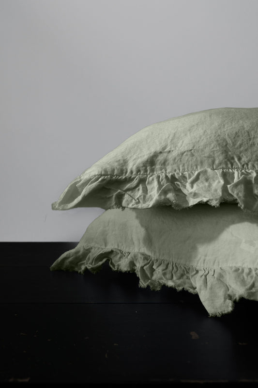 Paire de taies d'oreiller à volants en lin européen - Sauge