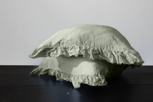 Paire de taies d'oreiller à volants en lin européen - Sauge