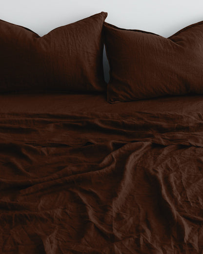 ENSEMBLE DE DRAPS EN LIN AVEC TAIES D'OREILLER - CACAO 